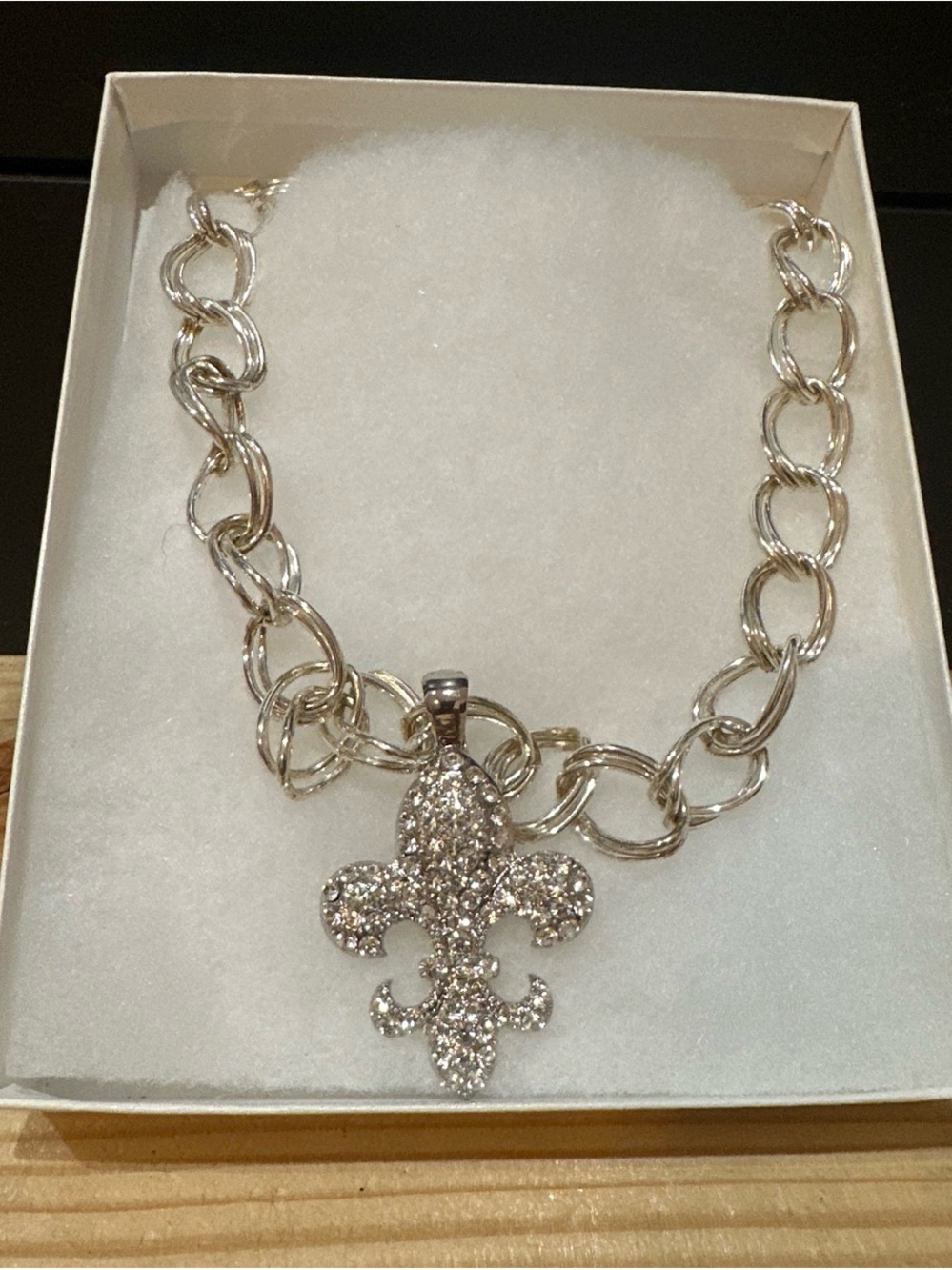 Silver Tone Chain Necklace with Crystal Fleur-de-Lis Pendant
